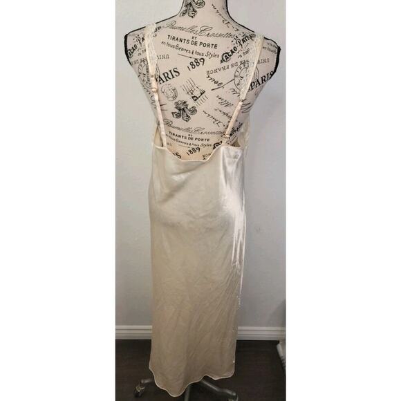 Victorias Secret Satin Maxi Slip Dress Womens Sz L Lace Trim Side Slit Yellow - Picture 9 of 11